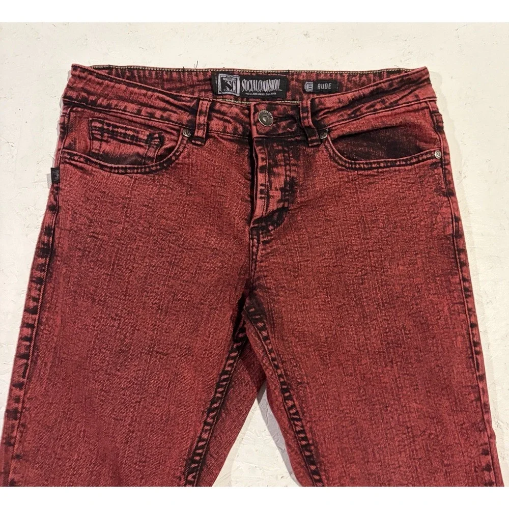 Social Collision Rude Skinny Jeans Red Black Acid Wash Punk Emo Denim 30x32 - Picture 4 of 11
